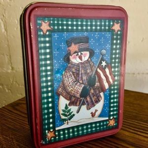 Collectible Tin MINDY CAIN Snowman Flag Primitive